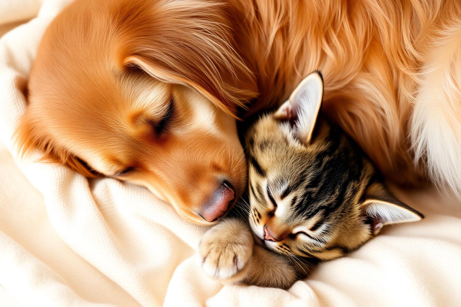 Cão e gato dormindo juntos em paz